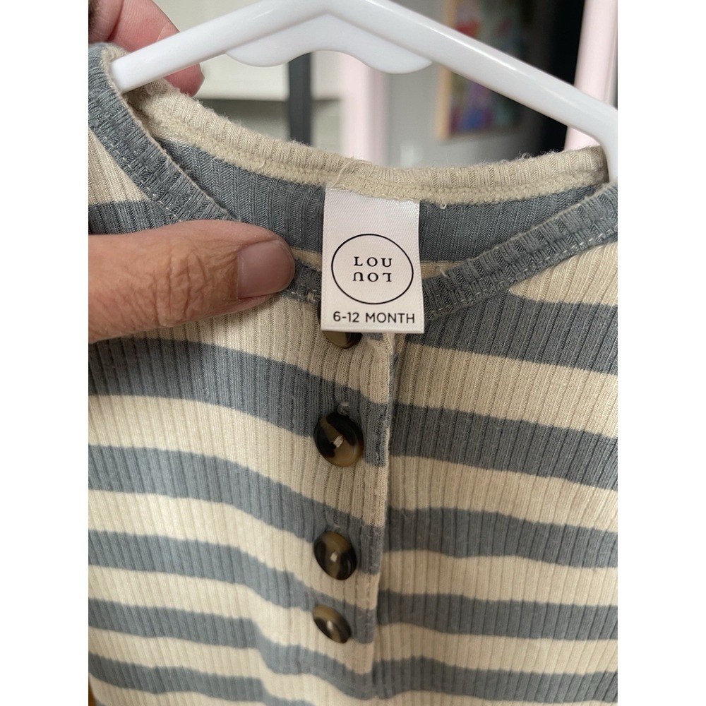 Loulou Lollipop Cotton Ribbed Striped Romper Short Sleeve Button 6-12M